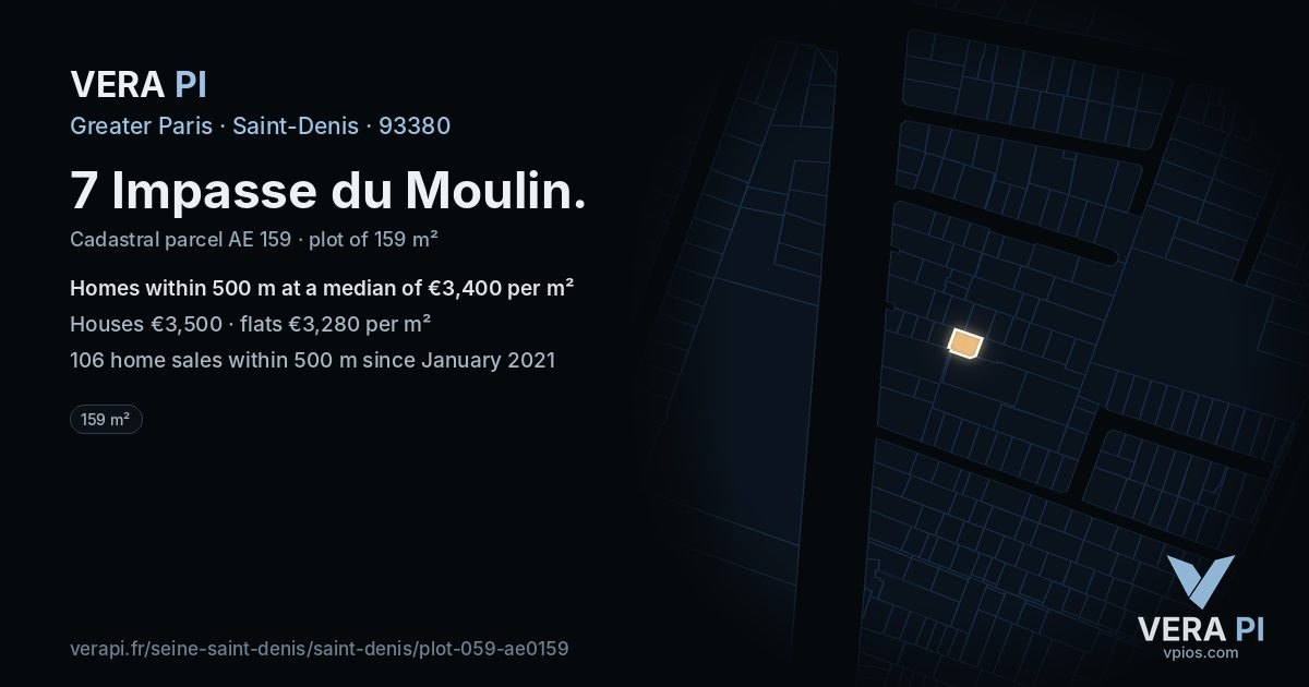 7 Impasse du Moulin, Saint-Denis at night – the plot lit, the parcels around coloured by the prices near them