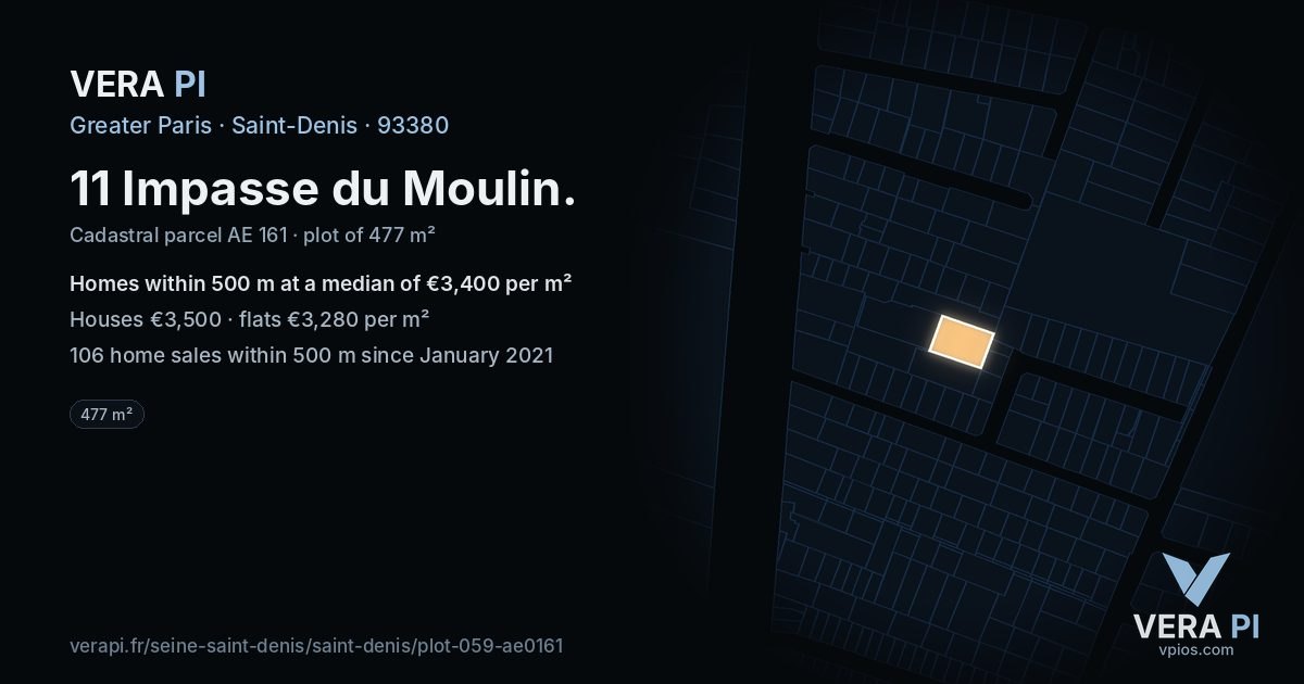 11 Impasse du Moulin, Saint-Denis at night – the plot lit, the parcels around coloured by the prices near them