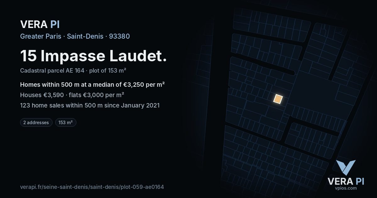 15 Impasse Laudet, Saint-Denis at night – the plot lit, the parcels around coloured by the prices near them