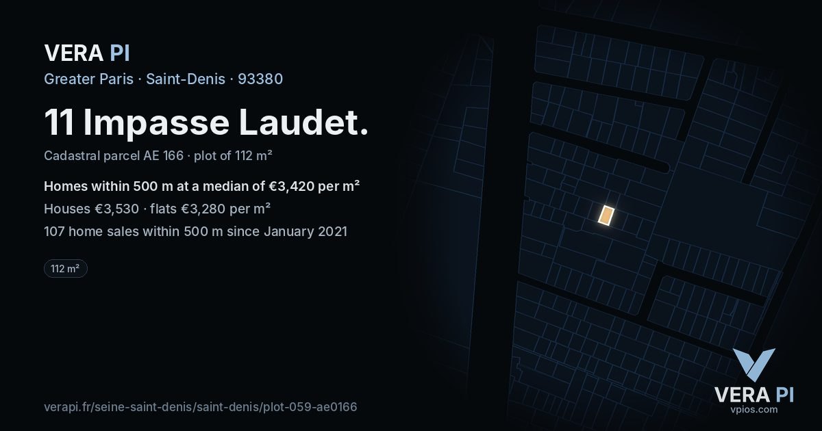 11 Impasse Laudet, Saint-Denis at night – the plot lit, the parcels around coloured by the prices near them