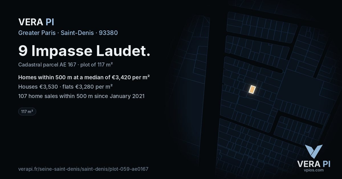 9 Impasse Laudet, Saint-Denis at night – the plot lit, the parcels around coloured by the prices near them