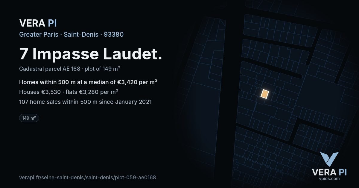7 Impasse Laudet, Saint-Denis at night – the plot lit, the parcels around coloured by the prices near them