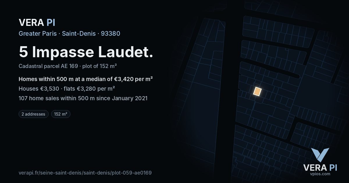 5 Impasse Laudet, Saint-Denis at night – the plot lit, the parcels around coloured by the prices near them