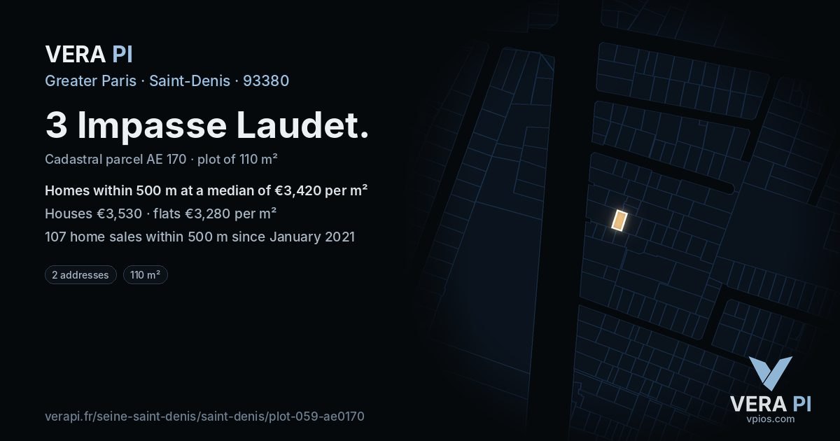 3 Impasse Laudet, Saint-Denis at night – the plot lit, the parcels around coloured by the prices near them
