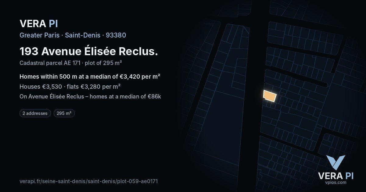 193 Avenue Élisée Reclus, Saint-Denis at night – the plot lit, the parcels around coloured by the prices near them