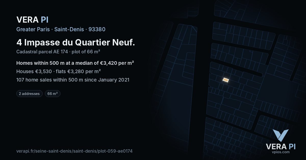 4 Impasse du Quartier Neuf, Saint-Denis at night – the plot lit, the parcels around coloured by the prices near them