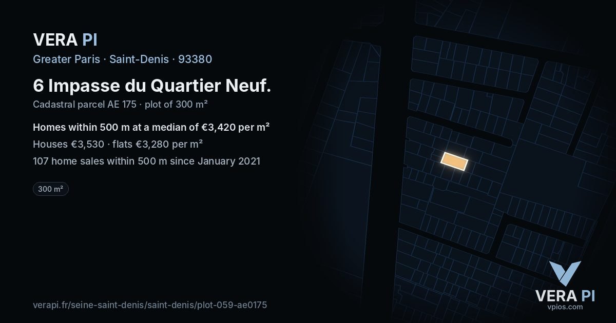 6 Impasse du Quartier Neuf, Saint-Denis at night – the plot lit, the parcels around coloured by the prices near them