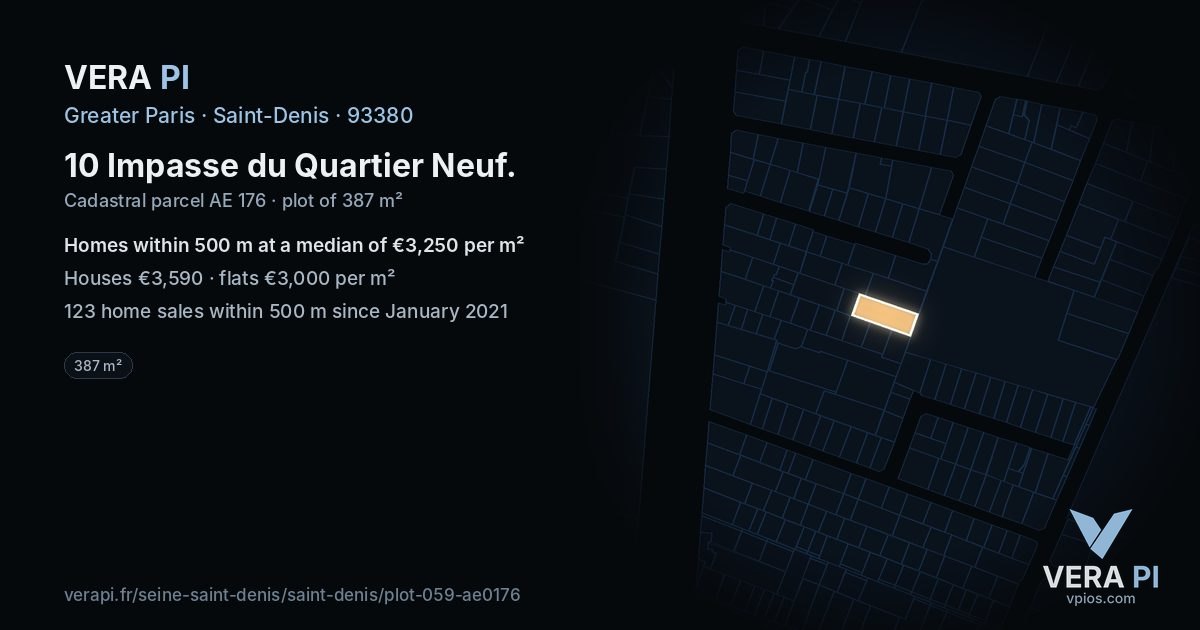 10 Impasse du Quartier Neuf, Saint-Denis at night – the plot lit, the parcels around coloured by the prices near them