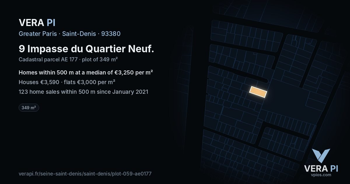9 Impasse du Quartier Neuf, Saint-Denis at night – the plot lit, the parcels around coloured by the prices near them