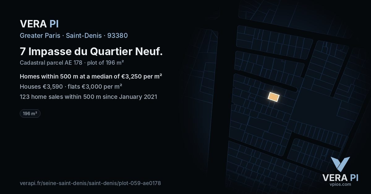 7 Impasse du Quartier Neuf, Saint-Denis at night – the plot lit, the parcels around coloured by the prices near them