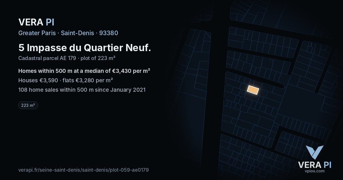 5 Impasse du Quartier Neuf, Saint-Denis at night – the plot lit, the parcels around coloured by the prices near them