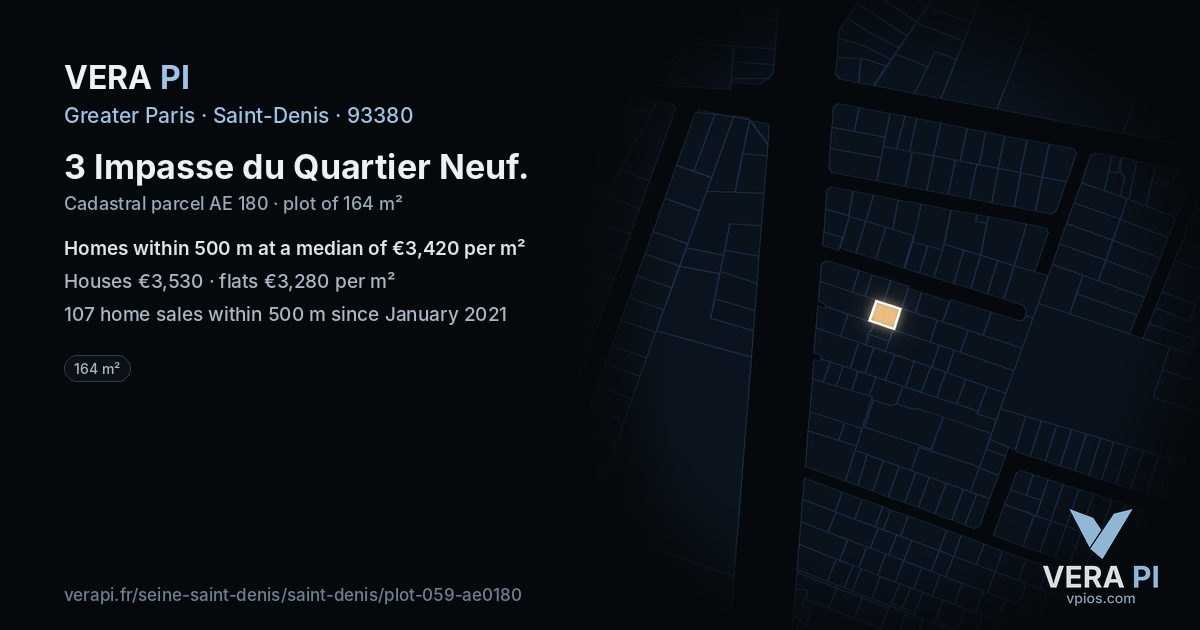 3 Impasse du Quartier Neuf, Saint-Denis at night – the plot lit, the parcels around coloured by the prices near them