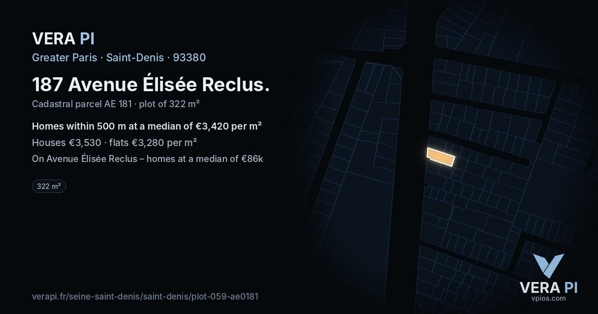 187 Avenue Élisée Reclus, Saint-Denis at night – the plot lit, the parcels around coloured by the prices near them