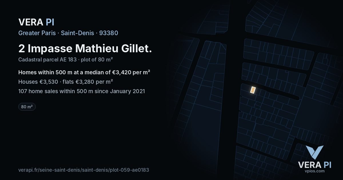 2 Impasse Mathieu Gillet, Saint-Denis at night – the plot lit, the parcels around coloured by the prices near them