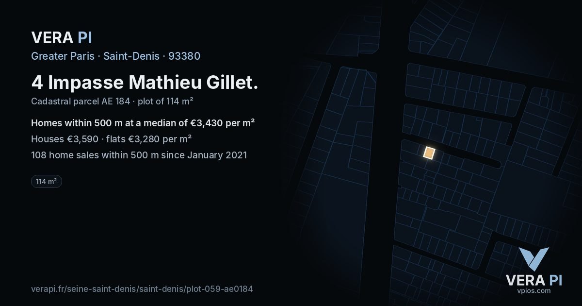 4 Impasse Mathieu Gillet, Saint-Denis at night – the plot lit, the parcels around coloured by the prices near them
