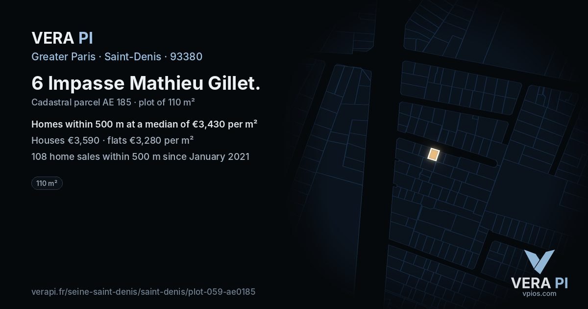 6 Impasse Mathieu Gillet, Saint-Denis at night – the plot lit, the parcels around coloured by the prices near them