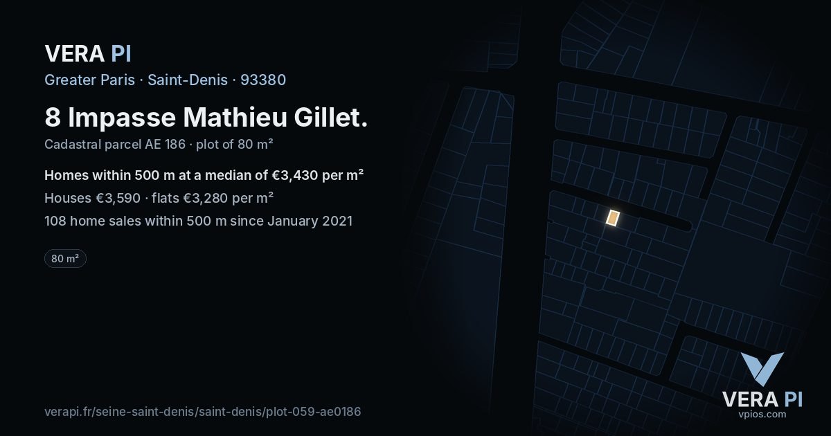 8 Impasse Mathieu Gillet, Saint-Denis at night – the plot lit, the parcels around coloured by the prices near them