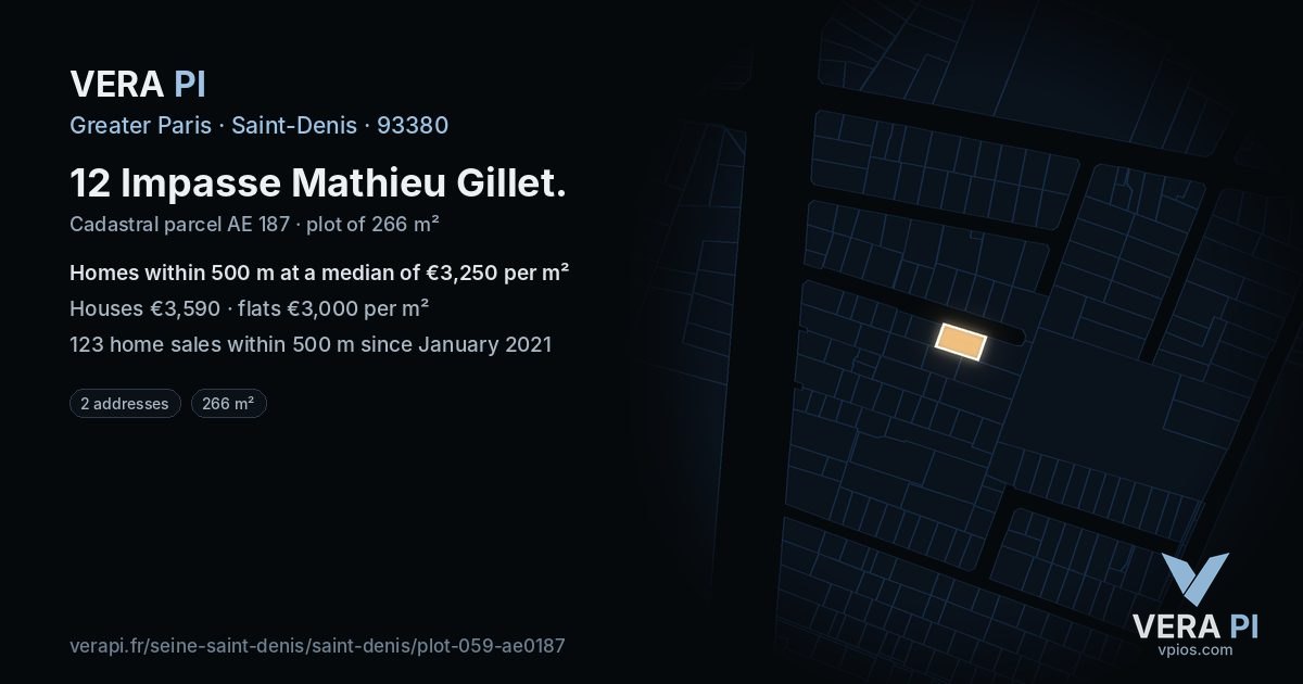 12 Impasse Mathieu Gillet, Saint-Denis at night – the plot lit, the parcels around coloured by the prices near them