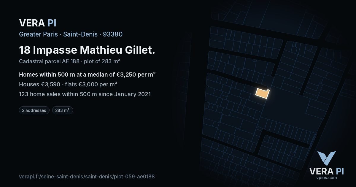 18 Impasse Mathieu Gillet, Saint-Denis at night – the plot lit, the parcels around coloured by the prices near them