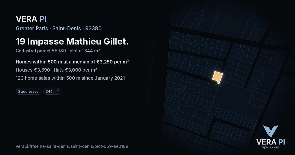 19 Impasse Mathieu Gillet, Saint-Denis at night – the plot lit, the parcels around coloured by the prices near them