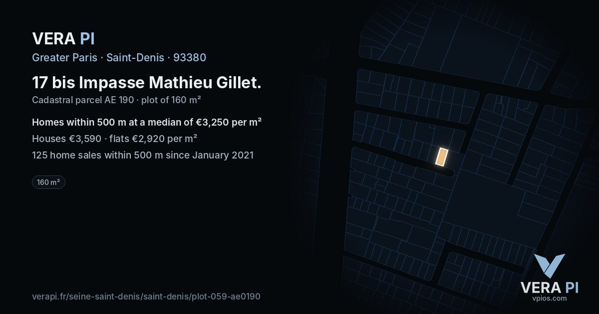 17 bis Impasse Mathieu Gillet, Saint-Denis at night – the plot lit, the parcels around coloured by the prices near them