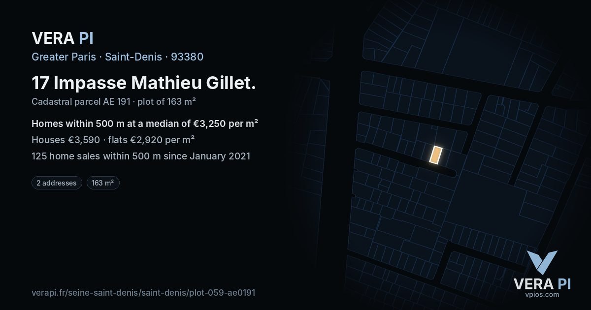 17 Impasse Mathieu Gillet, Saint-Denis at night – the plot lit, the parcels around coloured by the prices near them