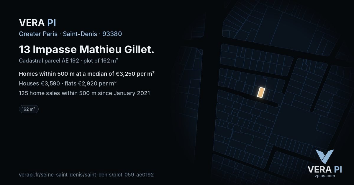 13 Impasse Mathieu Gillet, Saint-Denis at night – the plot lit, the parcels around coloured by the prices near them
