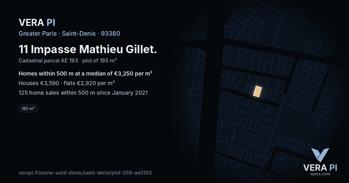 11 Impasse Mathieu Gillet, Saint-Denis at night – the plot lit, the parcels around coloured by the prices near them