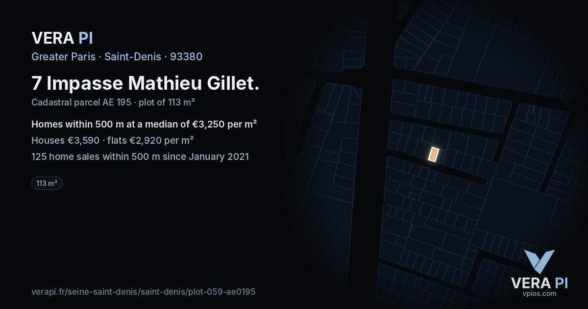 7 Impasse Mathieu Gillet, Saint-Denis at night – the plot lit, the parcels around coloured by the prices near them