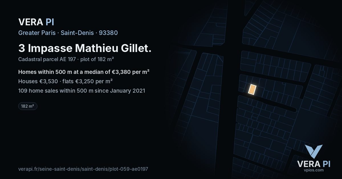 3 Impasse Mathieu Gillet, Saint-Denis at night – the plot lit, the parcels around coloured by the prices near them