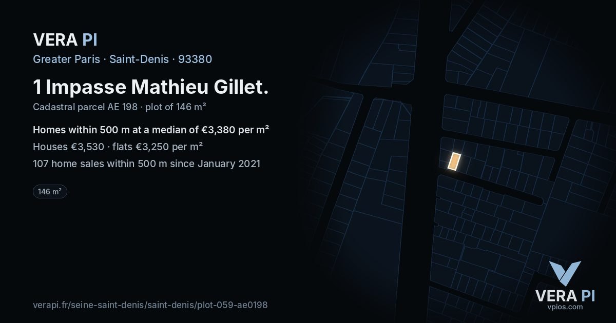 1 Impasse Mathieu Gillet, Saint-Denis at night – the plot lit, the parcels around coloured by the prices near them