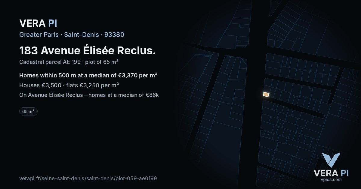 183 Avenue Élisée Reclus, Saint-Denis at night – the plot lit, the parcels around coloured by the prices near them