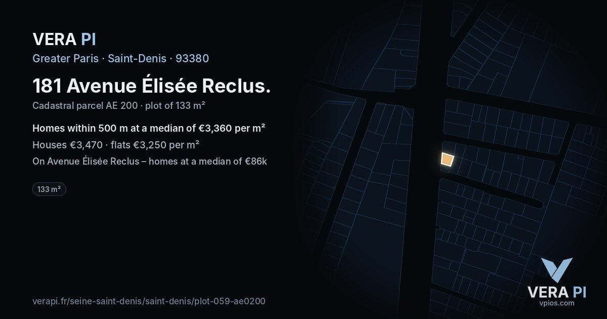 181 Avenue Élisée Reclus, Saint-Denis at night – the plot lit, the parcels around coloured by the prices near them