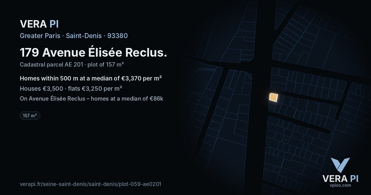 179 Avenue Élisée Reclus, Saint-Denis at night – the plot lit, the parcels around coloured by the prices near them