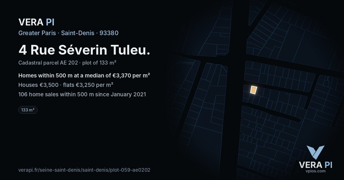 4 Rue Séverin Tuleu, Saint-Denis at night – the plot lit, the parcels around coloured by the prices near them