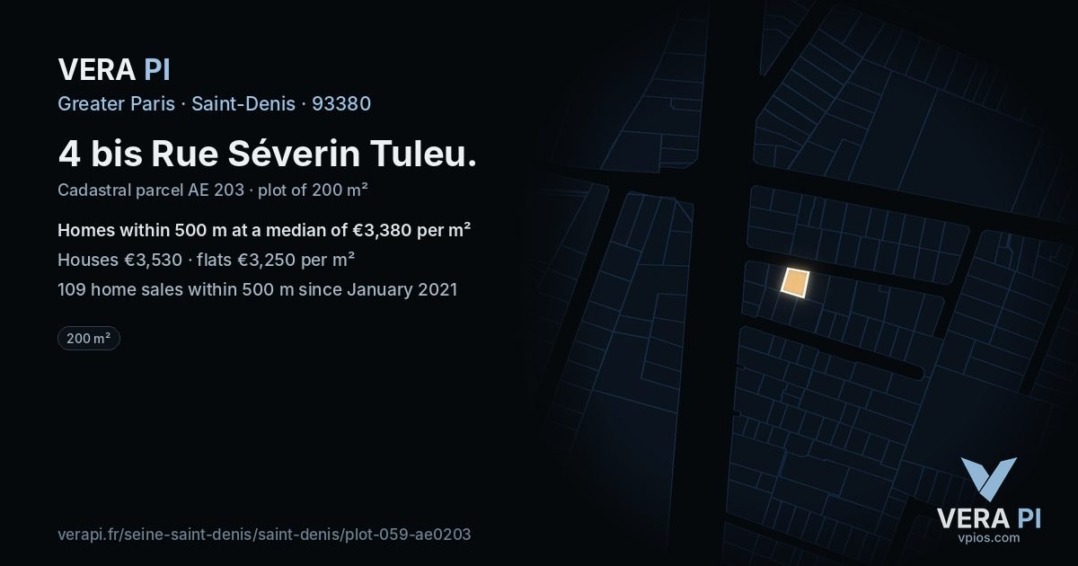 4 bis Rue Séverin Tuleu, Saint-Denis at night – the plot lit, the parcels around coloured by the prices near them