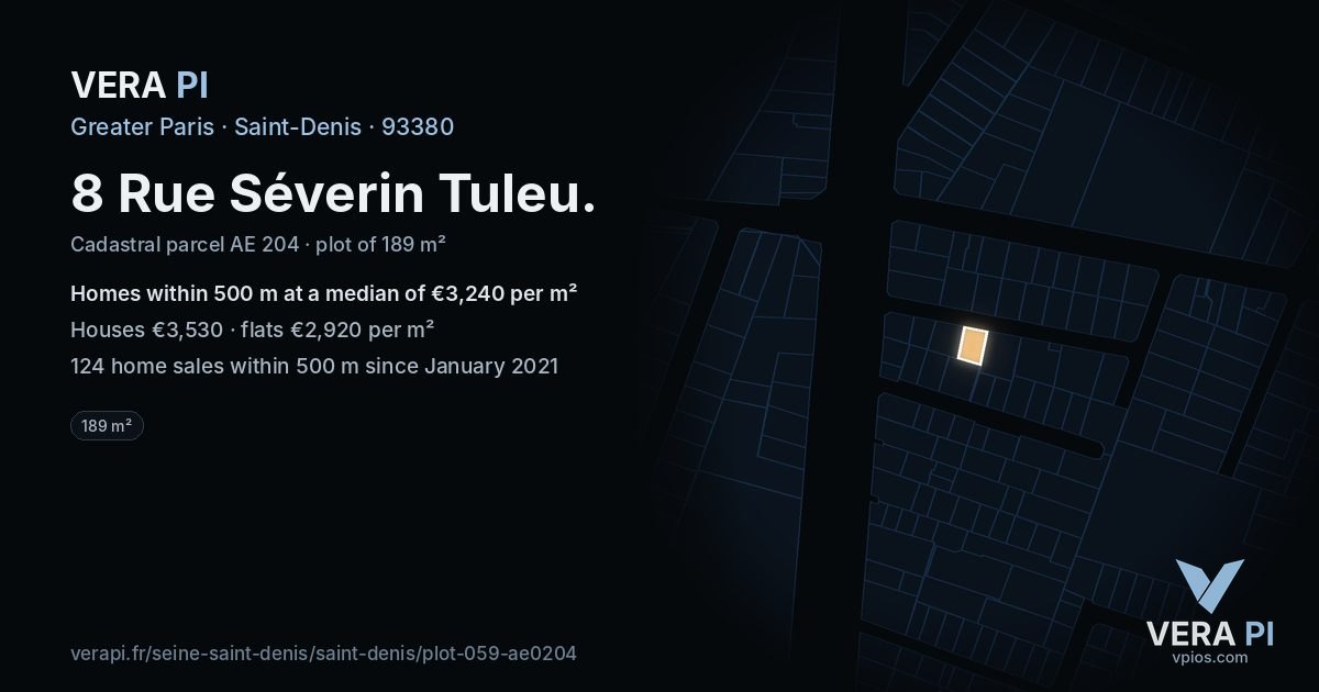8 Rue Séverin Tuleu, Saint-Denis at night – the plot lit, the parcels around coloured by the prices near them