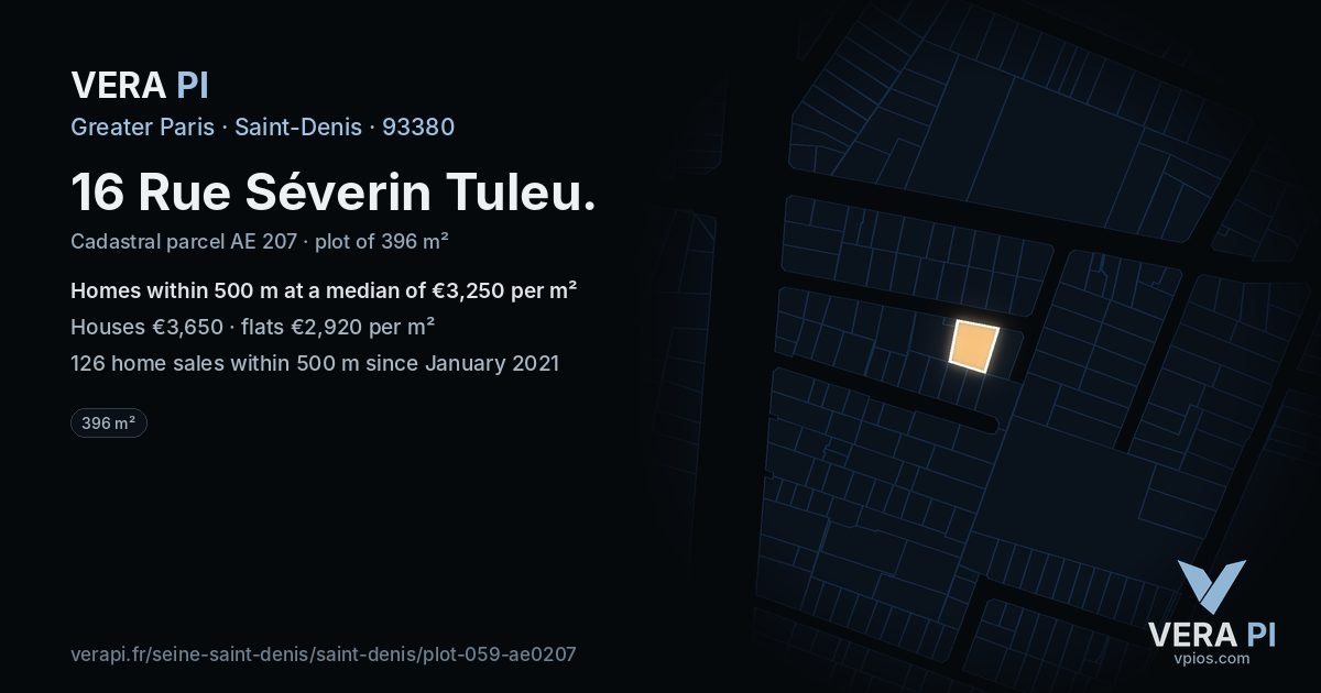 16 Rue Séverin Tuleu, Saint-Denis at night – the plot lit, the parcels around coloured by the prices near them