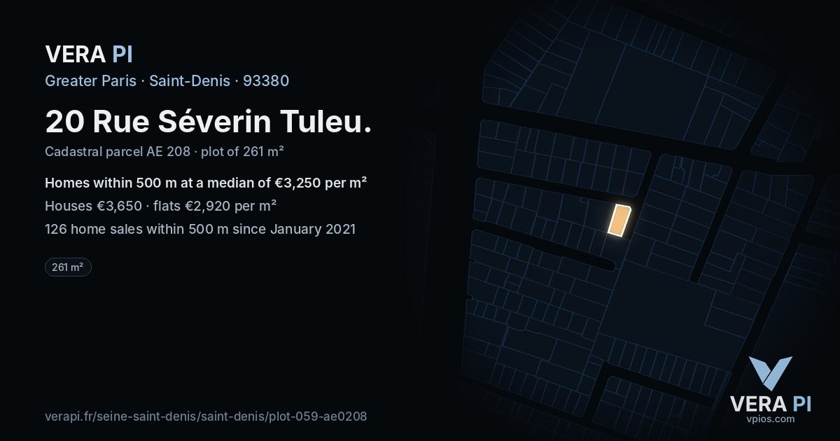 20 Rue Séverin Tuleu, Saint-Denis at night – the plot lit, the parcels around coloured by the prices near them