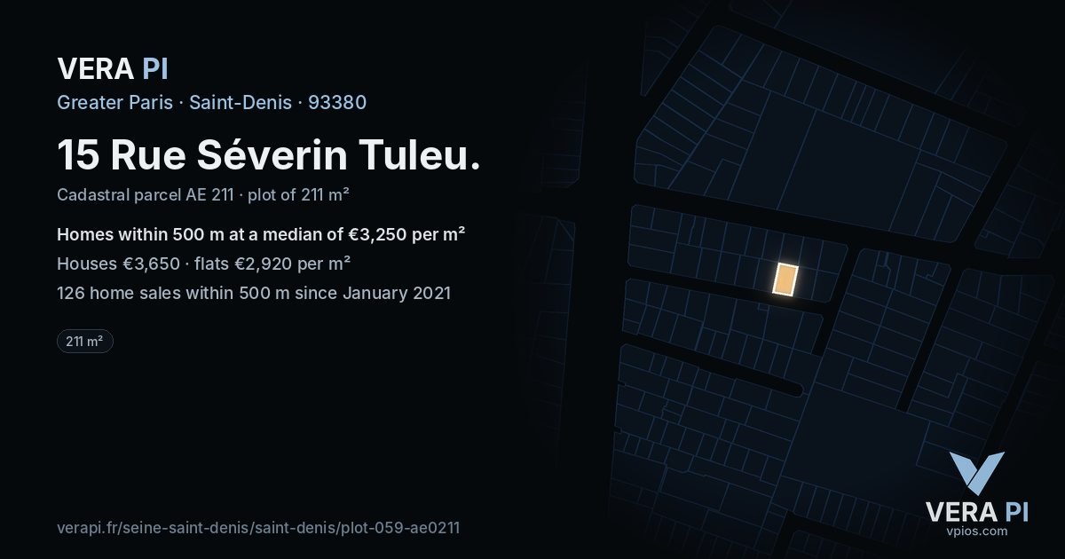 15 Rue Séverin Tuleu, Saint-Denis at night – the plot lit, the parcels around coloured by the prices near them