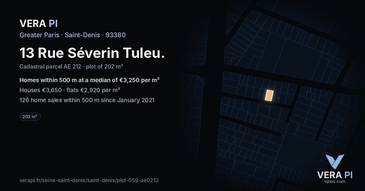 13 Rue Séverin Tuleu, Saint-Denis at night – the plot lit, the parcels around coloured by the prices near them