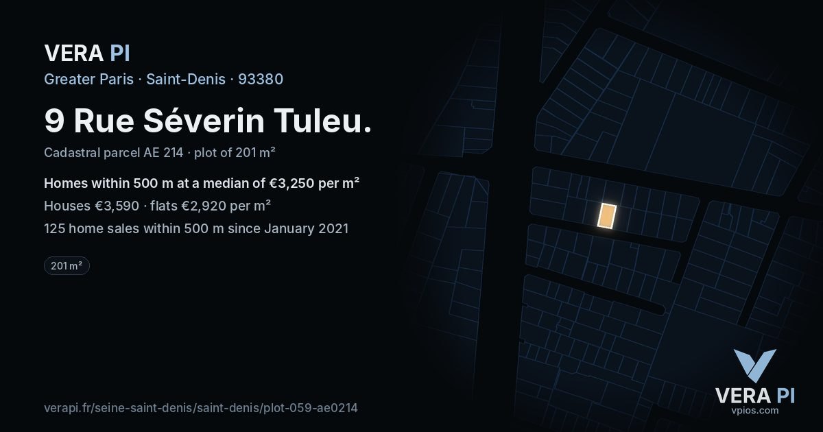 9 Rue Séverin Tuleu, Saint-Denis at night – the plot lit, the parcels around coloured by the prices near them