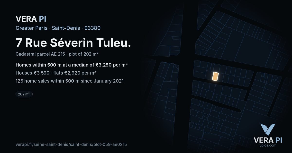 7 Rue Séverin Tuleu, Saint-Denis at night – the plot lit, the parcels around coloured by the prices near them