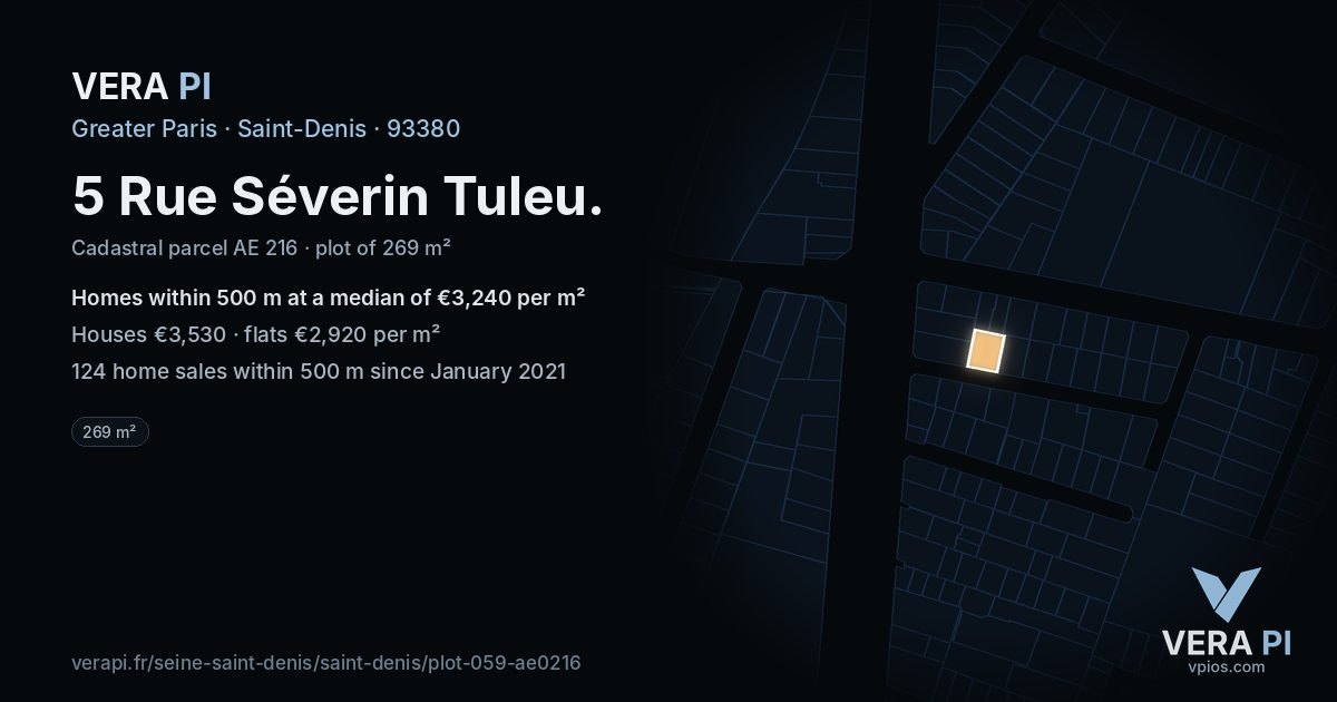 5 Rue Séverin Tuleu, Saint-Denis at night – the plot lit, the parcels around coloured by the prices near them