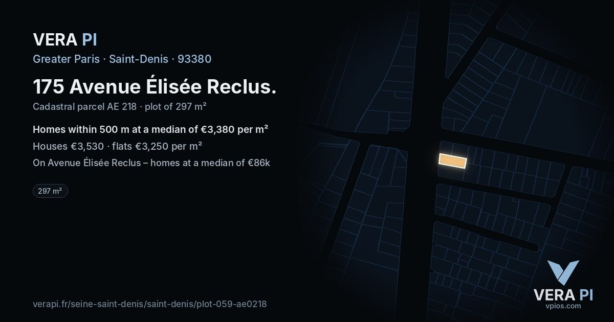 175 Avenue Élisée Reclus, Saint-Denis at night – the plot lit, the parcels around coloured by the prices near them