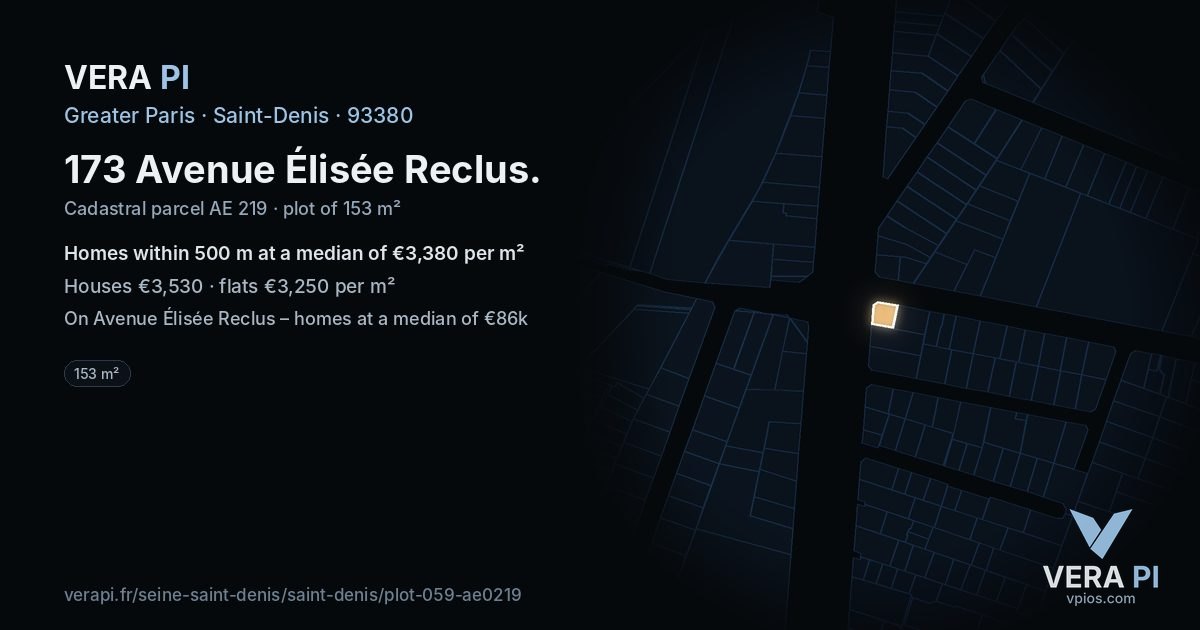 173 Avenue Élisée Reclus, Saint-Denis at night – the plot lit, the parcels around coloured by the prices near them