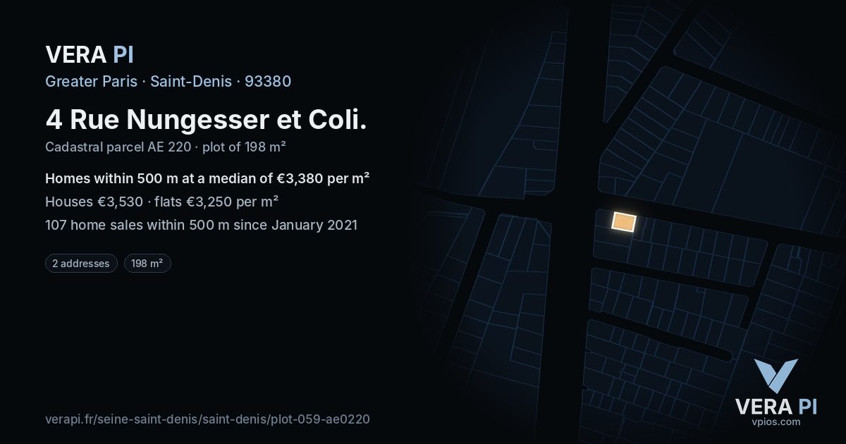 4 Rue Nungesser et Coli, Saint-Denis at night – the plot lit, the parcels around coloured by the prices near them