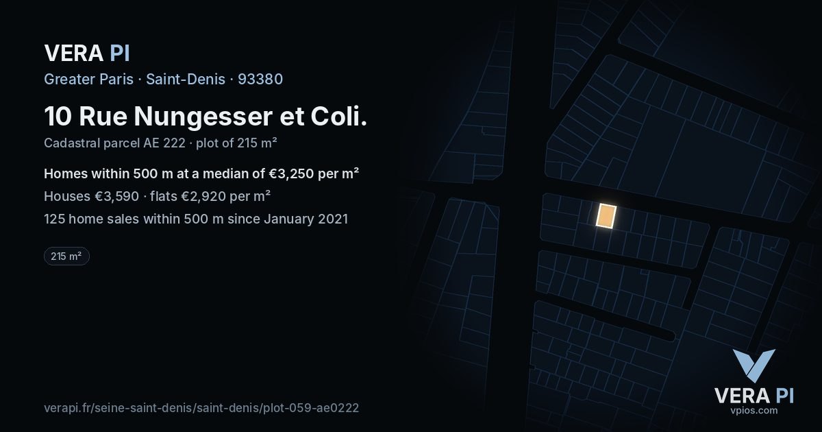 10 Rue Nungesser et Coli, Saint-Denis at night – the plot lit, the parcels around coloured by the prices near them