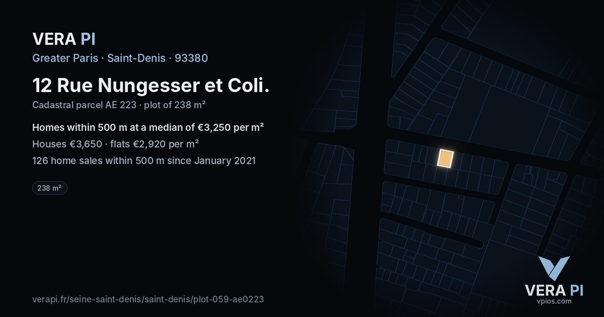 12 Rue Nungesser et Coli, Saint-Denis at night – the plot lit, the parcels around coloured by the prices near them