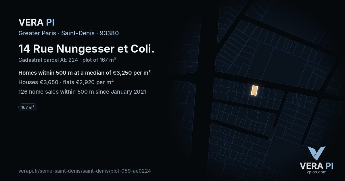 14 Rue Nungesser et Coli, Saint-Denis at night – the plot lit, the parcels around coloured by the prices near them